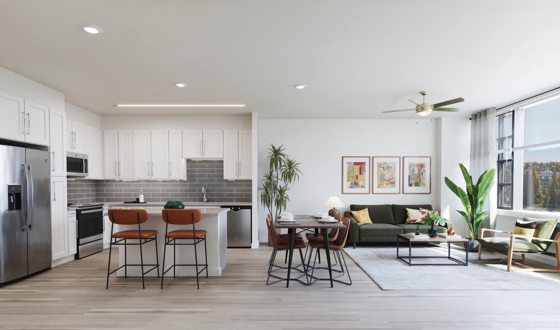 living area that includes ample seating spaces and bright lighting